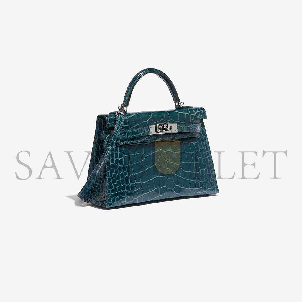 HERMÈS MASTER KELLY MINI II SILVER BUCKLE SHINY CROCODILE BOSPHORUS GREEN (19*12*5.5cm)